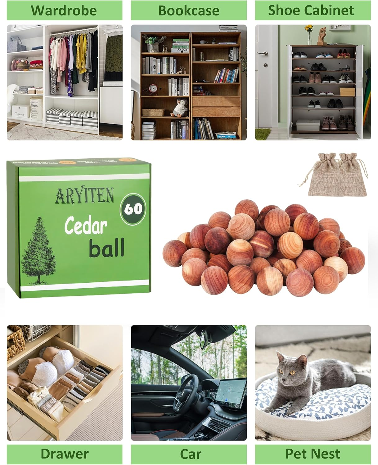 Cedar Balls for Clothes Storage, Aromatic Scent Cedar Wood Balls for Kitchen, Closets Storage and Drawers Freshener, 60 Pack