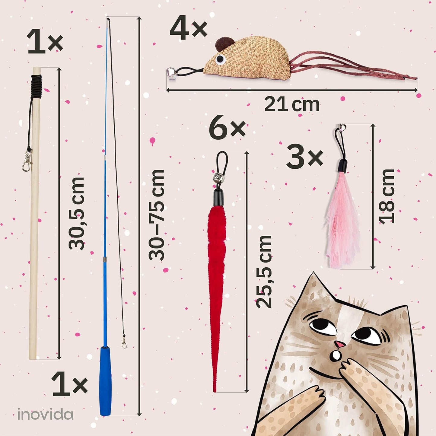 Cat Toy Set: XL 15 Pieces Cat Toy with Catnip - Vegan Toy for Cats with Cat Fishing, Feathers, Mouse, Worms - Kitten Toy Set Cats Gadgets
