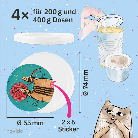 Can Lid Cat Food and Can Lid Dog Food: 4 Cat Food Lids and Dog Food Sealing Lid for Cans with 12 Stickers - 200 g and 400 g - BPA Free Can Stopper