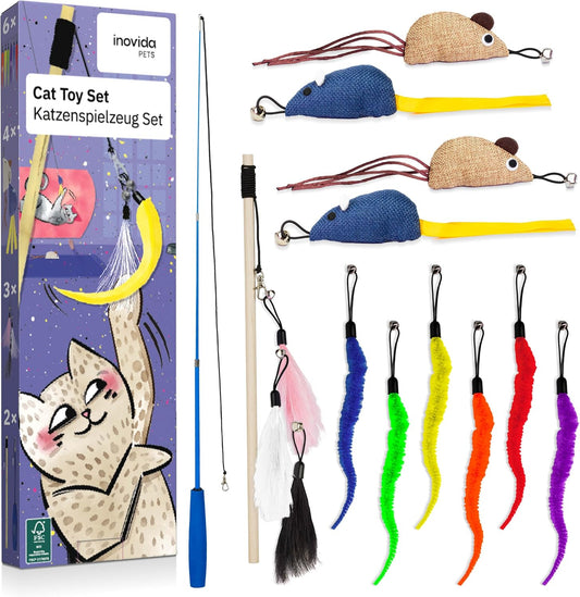 Cat Toy Set: XL 15 Pieces Cat Toy with Catnip - Vegan Toy for Cats with Cat Fishing, Feathers, Mouse, Worms - Kitten Toy Set Cats Gadgets
