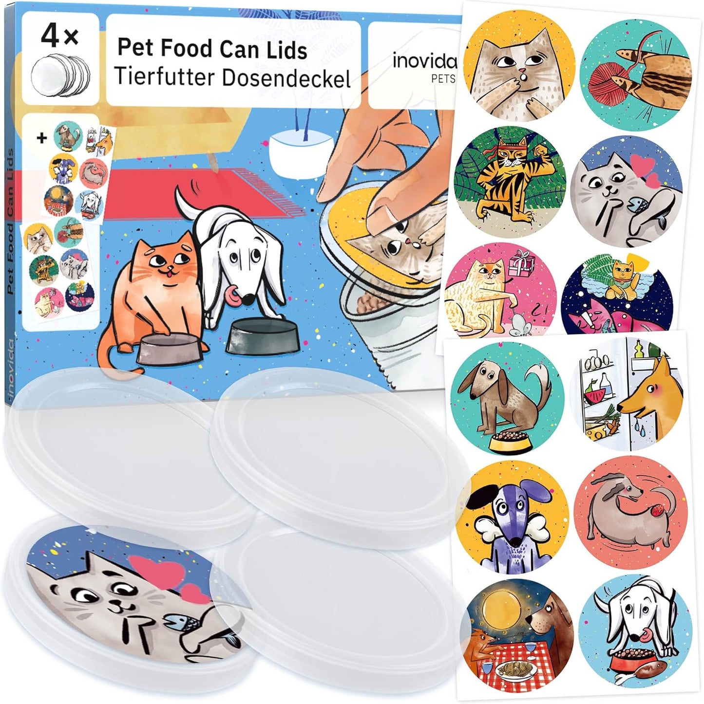 Can Lid Cat Food and Can Lid Dog Food: 4 Cat Food Lids and Dog Food Sealing Lid for Cans with 12 Stickers - 200 g and 400 g - BPA Free Can Stopper