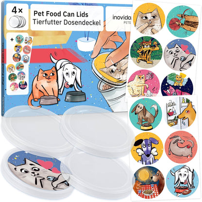 Can Lid Cat Food and Can Lid Dog Food: 4 Cat Food Lids and Dog Food Sealing Lid for Cans with 12 Stickers - 200 g and 400 g - BPA Free Can Stopper