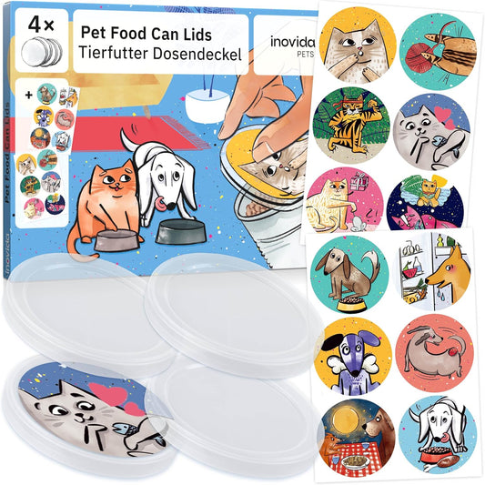Can Lid Cat Food and Can Lid Dog Food: 4 Cat Food Lids and Dog Food Sealing Lid for Cans with 12 Stickers - 200 g and 400 g - BPA Free Can Stopper