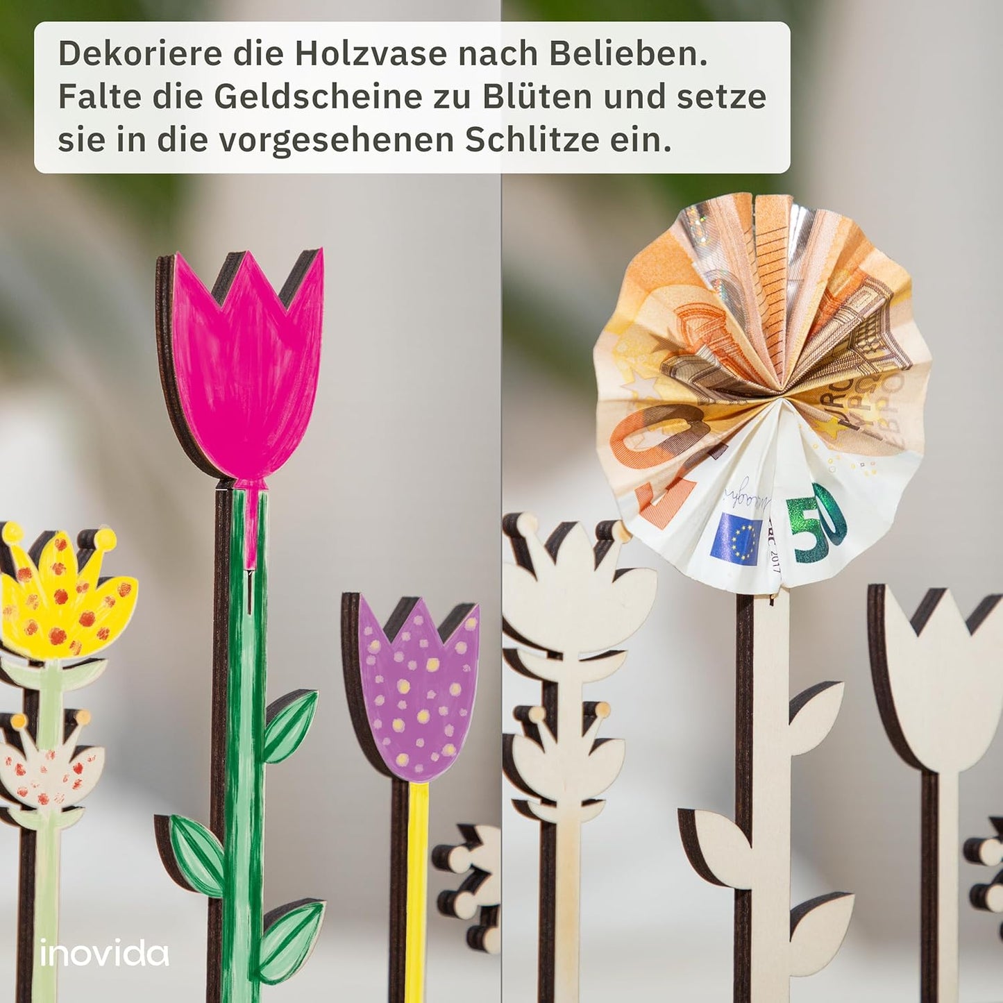 Money Gifts Birthday: Beautiful Wooden Flower Vase for Money Gifts Packaging - Birthday Card Money Gift Packaging - Money Tree for Wedding or Christmas