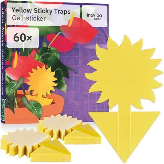 120x Yellow Sticker Fungus Gnats: 60 Fungus Gnats Yellow Stickers for Indoor Plants without Insecticide - Fight Fungus Gnats with Yellow Plates - Fly Trap Adhesive Trap - Against Fungus Gnats