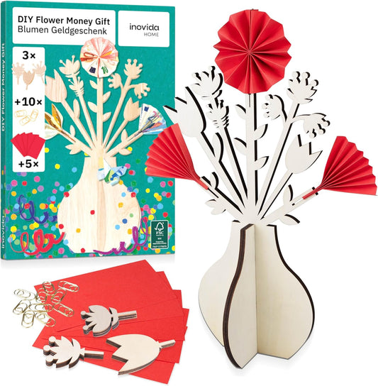 Money Gift Packaging: Beautiful Wooden Flower Vase for Money Gifts Packaging - Birthday Card Money Gift - Money Tree and Money Holder for Birthday, Wedding and Christmas
