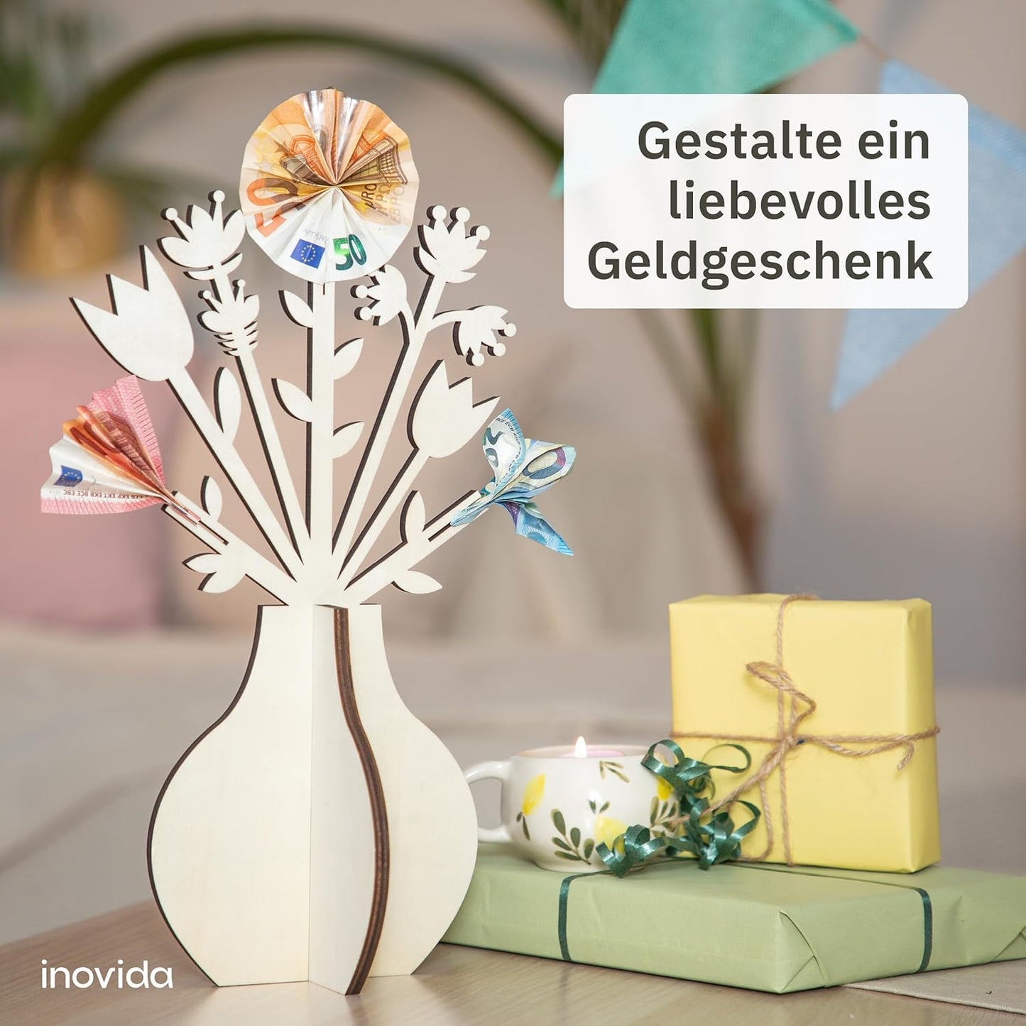 Money Gift Packaging: Beautiful Wooden Flower Vase for Money Gifts Packaging - Birthday Card Money Gift - Money Tree and Money Holder for Birthday, Wedding and Christmas